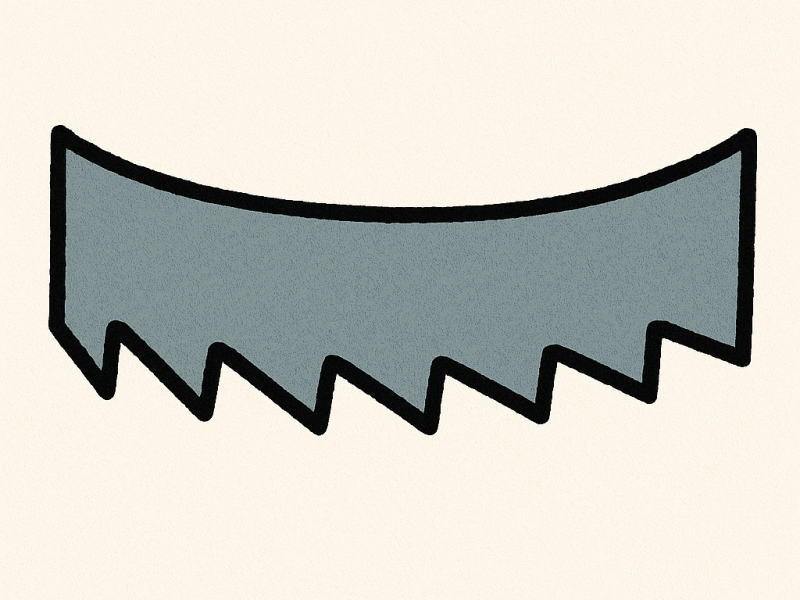 A cartoon of a loosely hanging bandsaw blade with sagging curve, representing insufficient blade tension that leads to wandering and imprecise cuts.